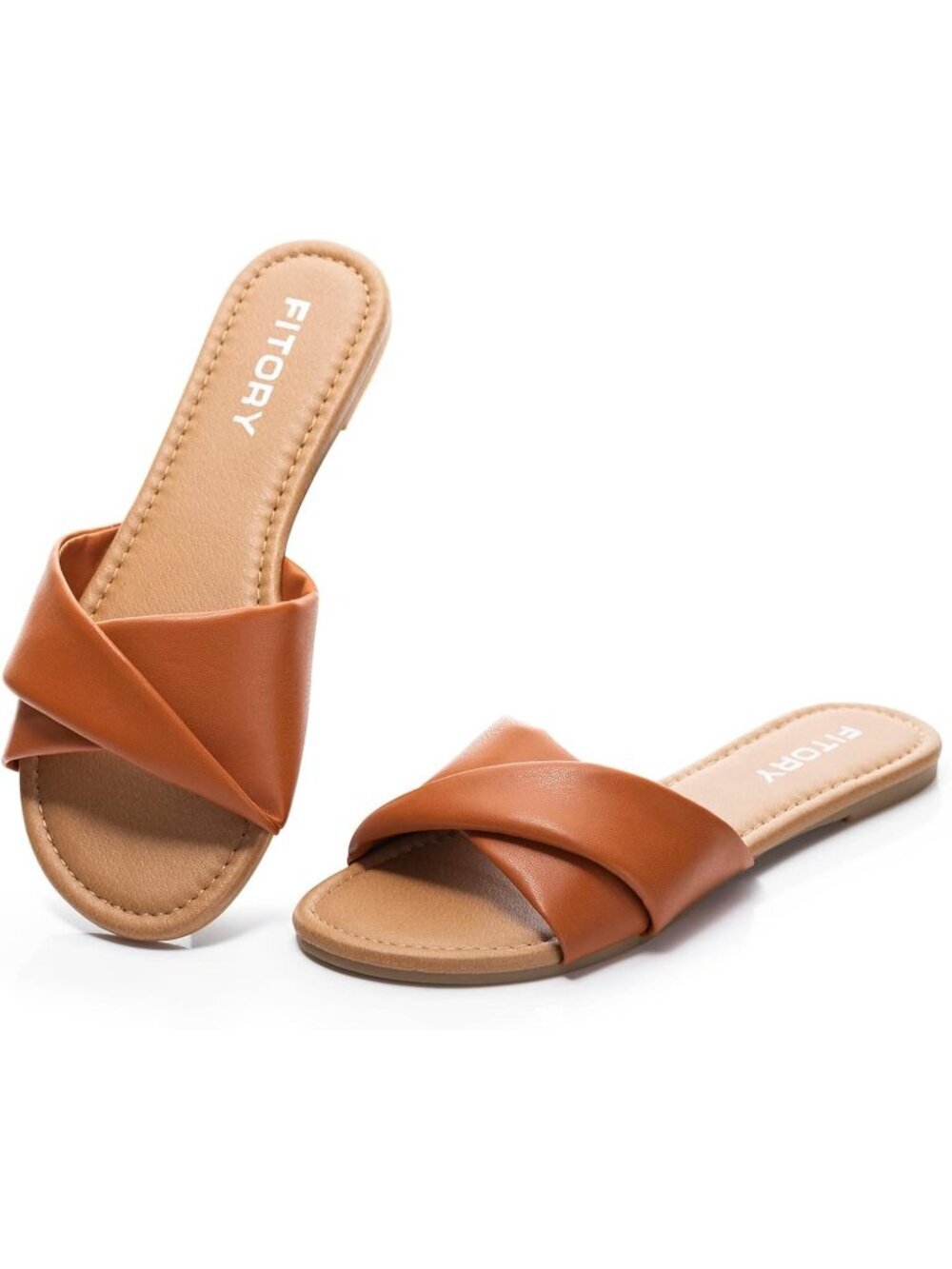 Women's Brown Open Toe Soft Leather Fashion Slides Casual Flat Sandal Shoes
